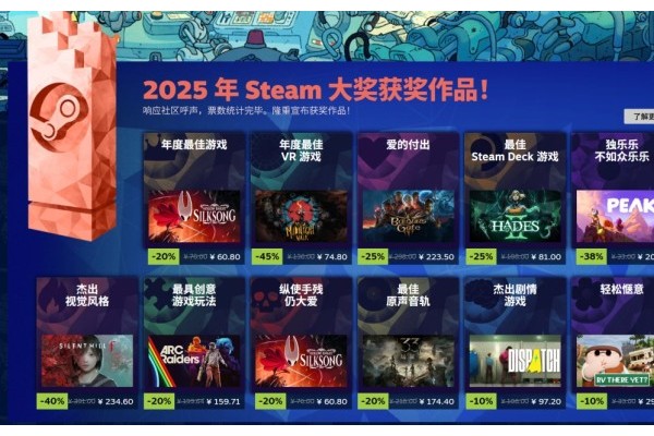 2025年Steam大奖名单 《空洞骑士：丝之歌》获年度游戏