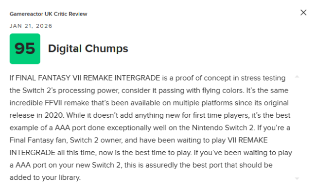 《最终幻想7:重制版》NS2版M站均分89分:移植游戏的最佳范例! 《最终幻想7:重制版》NS2版M站均分89分:移植游戏的最佳范例!