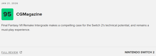 《最终幻想7:重制版》NS2版M站均分89分:移植游戏的最佳范例! 《最终幻想7:重制版》NS2版M站均分89分:移植游戏的最佳范例!