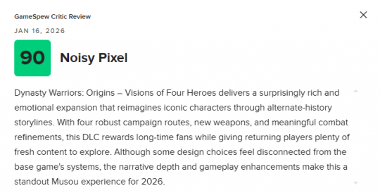 《真三国无双:起源》DLC“梦幻四英杰”M站82分:物有所值! 《真三国无双:起源》DLC“梦幻四英杰”M站82分:物有所值!