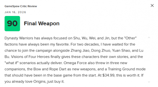 《真三国无双:起源》DLC“梦幻四英杰”M站82分:物有所值! 《真三国无双:起源》DLC“梦幻四英杰”M站82分:物有所值!